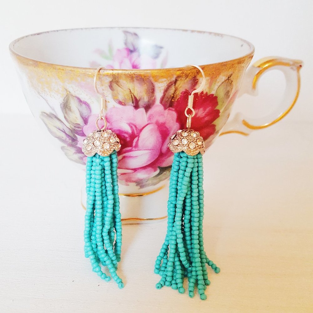 Turquoise Beaded Fringe Earrings with Rhinestones